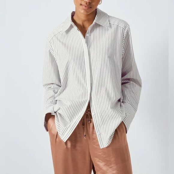 NWT PAIGE Clemence Striped Cotton Relaxed Button Down Shirt in White/Army size L - Picture 1 of 16